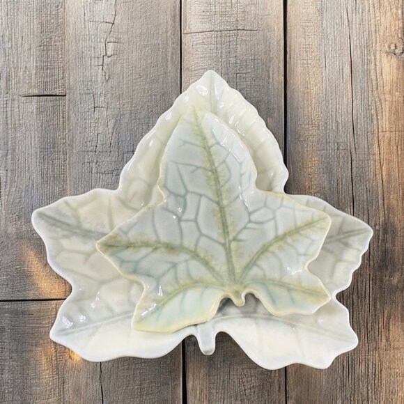 Christian Tortu Paris Light Sage Green Fine Porcelain Ware Leaf Plate Dish Set 2 - Picture 1 of 13